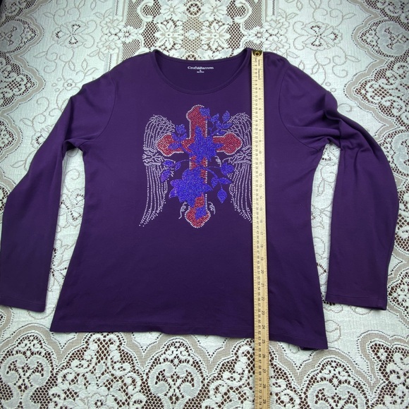 Croft & Barrow Women's T-Shirt L Angel Wings Rhinestones Purple Long Sleeve Pima - Picture 6 of 12